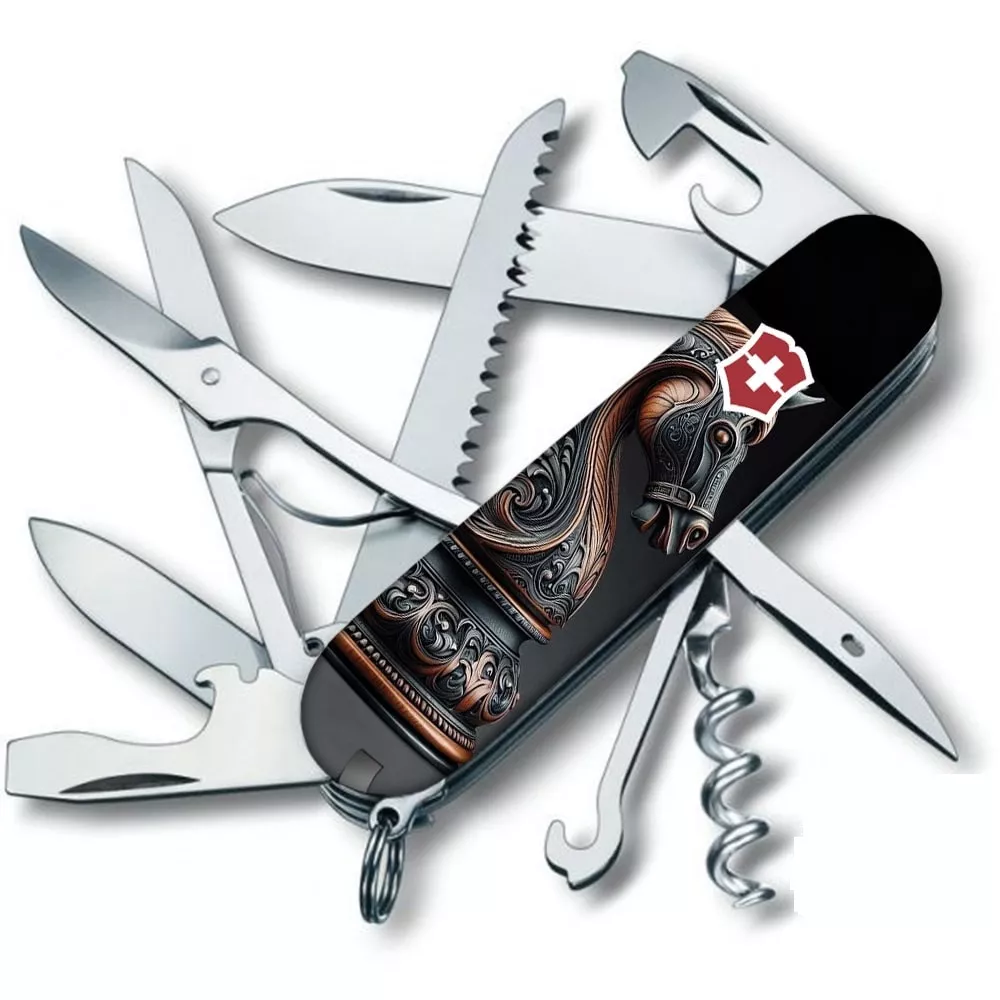 Лімітований складаний ніж 91мм Victorinox Huntsman Zodiac Шаховий кінь 15 функцій 4 шари Чорний білий глянцевий (1.3713.3_Z5310pk)