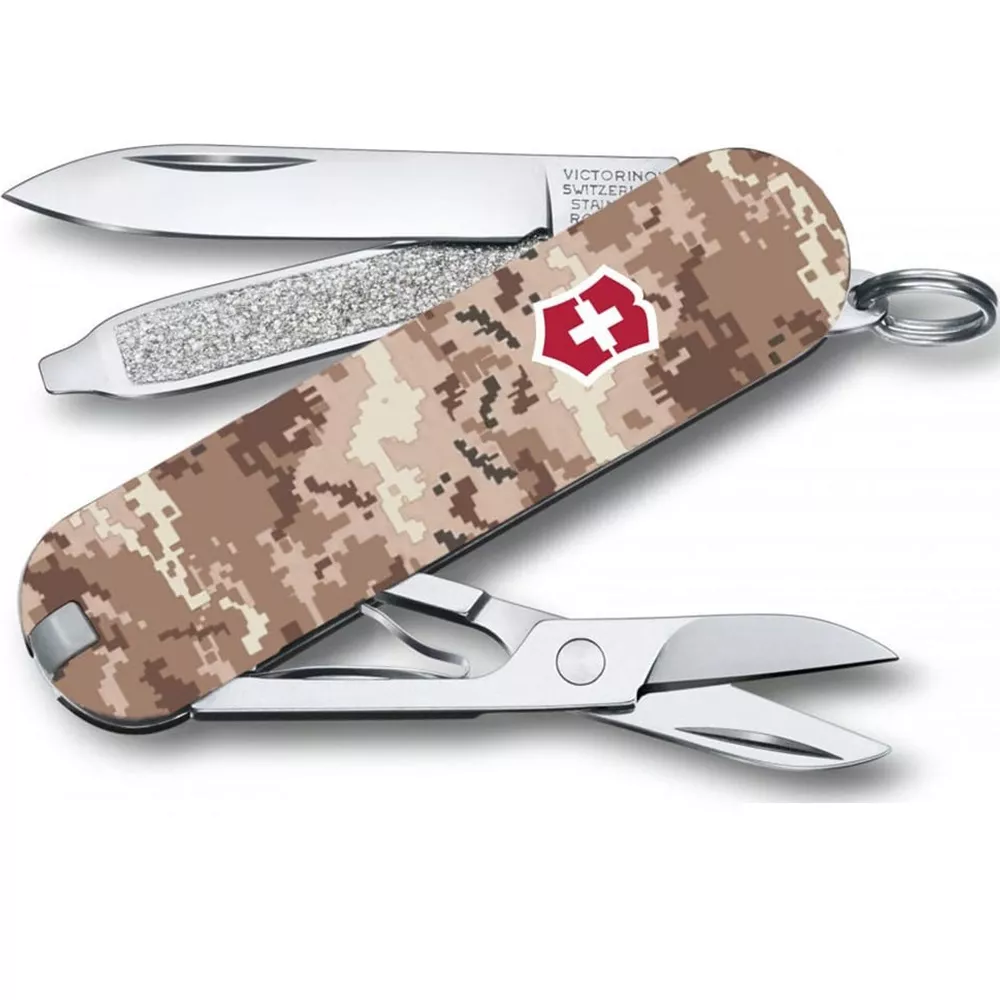 Ніж-брелок складаний 58ммVictorinox  CLASSIC SD ARMY 1 шар, 7 функцій Піксель пісочний з червоним логотипом (0.6223.7_W3945pw)