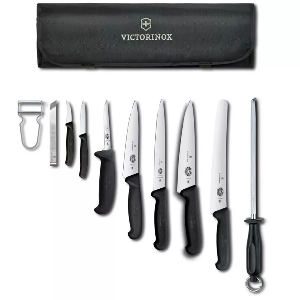 Набір кухонний 10 предметів у м'якому органайзері Victorinox CHEF'S SETS Chef's Knife Roll Starter Set Чорний (5.4964.1)