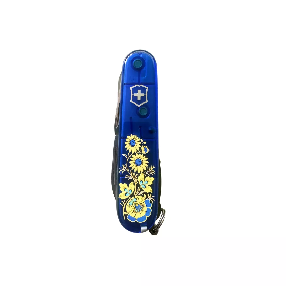 Складаний ніж 91 мм Victorinox Climber Ukraine 14 функцій, 3 шари, синій напівпрозорий, Квіти  (1.3703.T2_T1050u)