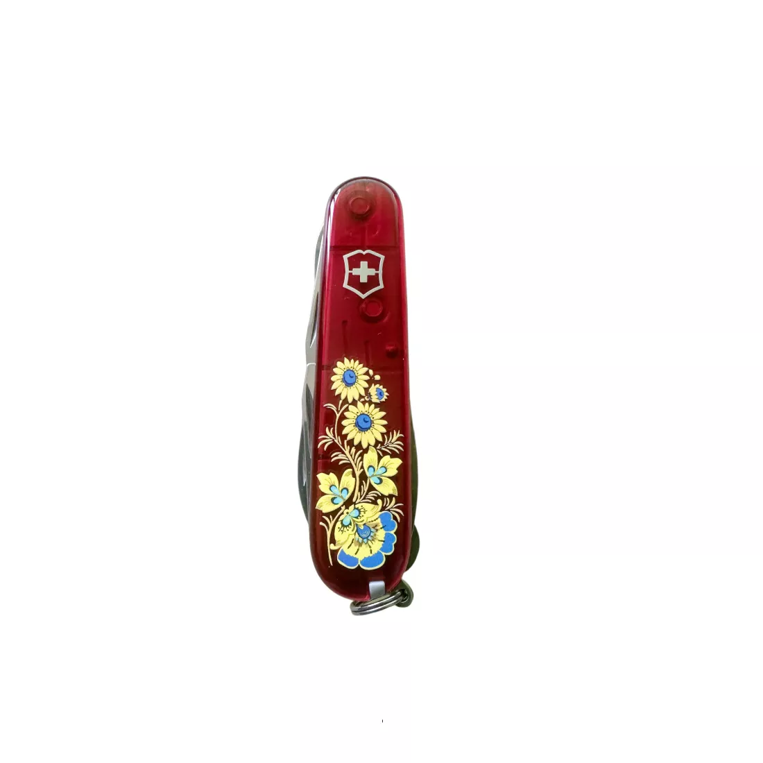 Складаний ніж 91 мм Victorinox  Huntsman Ukraine 15 функцій, 3 шари, червоний напівпрозорий, Квіти  (1.3713.T_T1050u)
